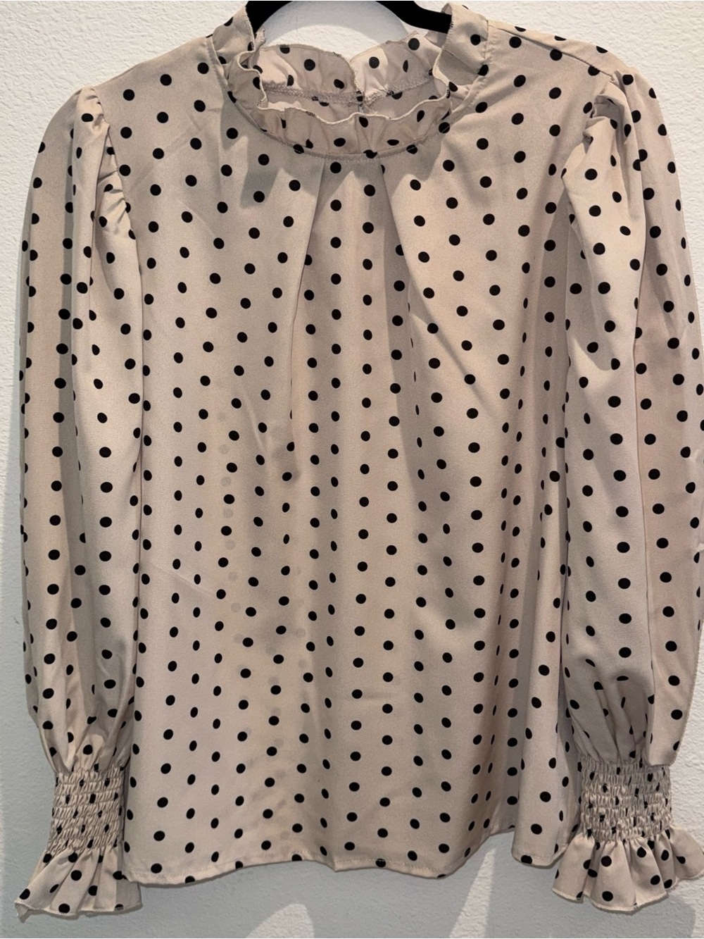 SHEIN Beige and Black Polka Dot Ruffle Neck Blouse